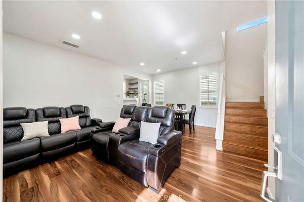 Dining room, Interior, Living room, Recessed Lighting, Wood Texture Flooring