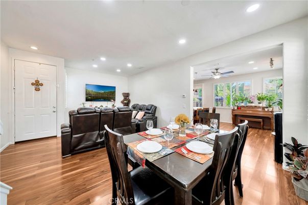 Dining room, Interior, Living room, Recessed Lighting, Wood Texture Flooring