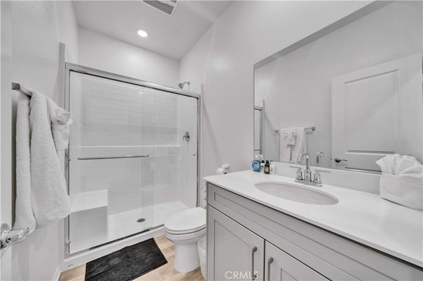 Bathroom, Glass Shower, Interior, Recessed Lighting, Wood Texture Flooring