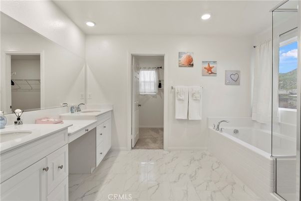Bathroom, Dual Sink Vanities, Glass Shower, Interior, Marble, Recessed Lighting