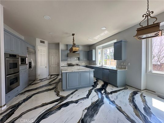 Interior, Kitchen, Marble, Pendant Lights, Recessed Lighting, Stainless Steel Appliances