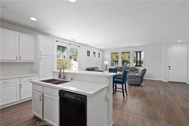 Dining room, Interior, Kitchen, Living room, Recessed Lighting, Wood Texture Flooring
