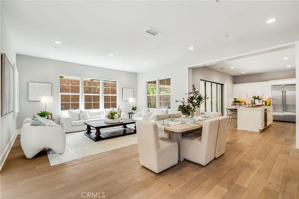 Dining room, Interior, Kitchen, Living room, Recessed Lighting, Stainless Steel Appliances, Wood Texture Flooring
