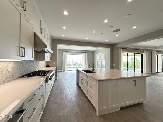 Interior, Kitchen, Marble Walls, Recessed Lighting, Wood Texture Flooring