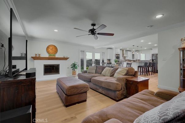 Fireplace, Interior, Kitchen, Living room, Pendant Lights, Recessed Lighting, Wood Texture Flooring