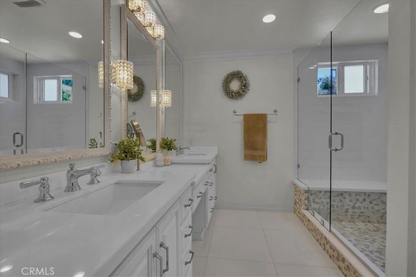 Bathroom, Dual Sink Vanities, Glass Shower, Interior, Recessed Lighting
