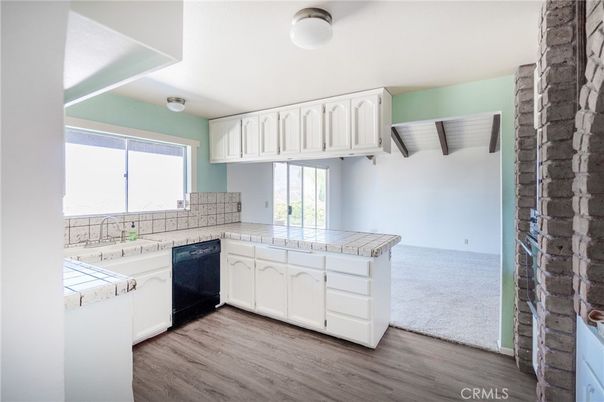Interior, Kitchen, Tile Countertops, Wood Texture Flooring