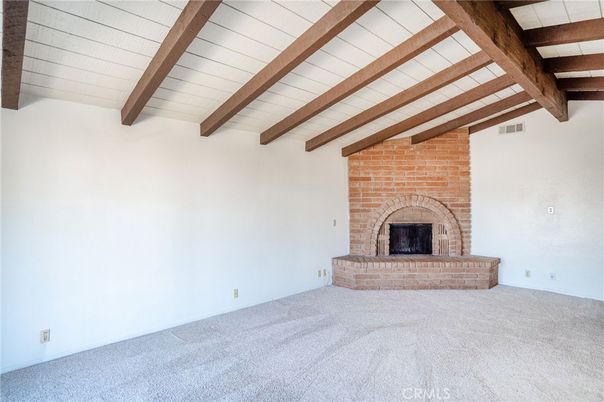 Empty room, Fireplace, Interior, Stone Walls, Wooden Beams