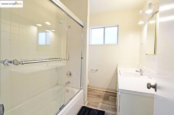 Bathroom, Glass Shower, Interior, Recessed Lighting, Wood Texture Flooring