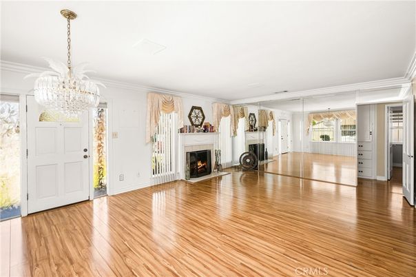 Chandelier, Empty room, Fireplace, Interior, Wood Texture Flooring