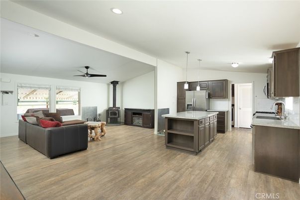 Fireplace, Interior, Kitchen, Living room, Pendant Lights, Recessed Lighting, Wood Texture Flooring