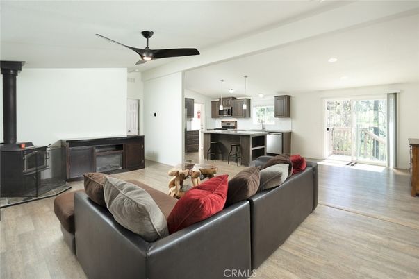 Fireplace, Interior, Kitchen, Living room, Pendant Lights, Recessed Lighting, Wood Texture Flooring