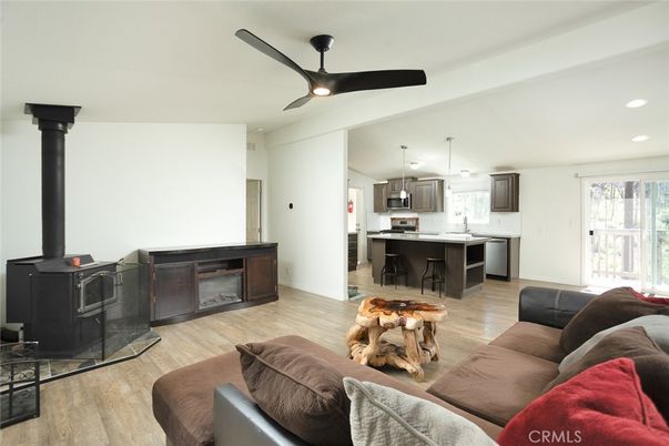 Fireplace, Interior, Kitchen, Living room, Pendant Lights, Recessed Lighting, Wood Texture Flooring