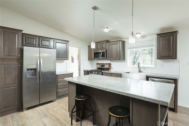 Interior, Kitchen, Pendant Lights, Stainless Steel Appliances, Wood Texture Flooring