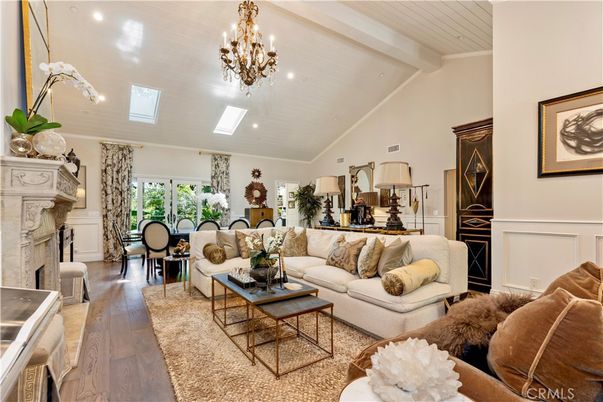 Chandelier, Dining room, Fireplace, Interior, Living room, Recessed Lighting, Wood Texture Flooring