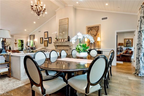 Chandelier, Dining room, Fireplace, Interior, Living room, Recessed Lighting, Wood Texture Flooring