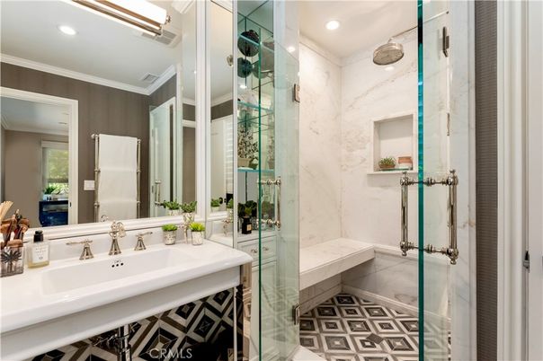 Bathroom, Glass Shower, Interior, Marble Walls, Recessed Lighting