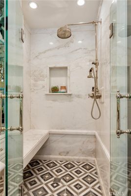 Bathroom, Glass Shower, Interior, Marble Walls, Recessed Lighting