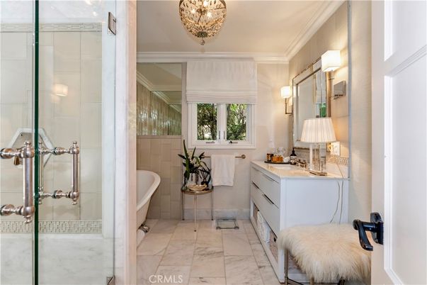 Bathroom, Chandelier, Glass Shower, Interior, Marble