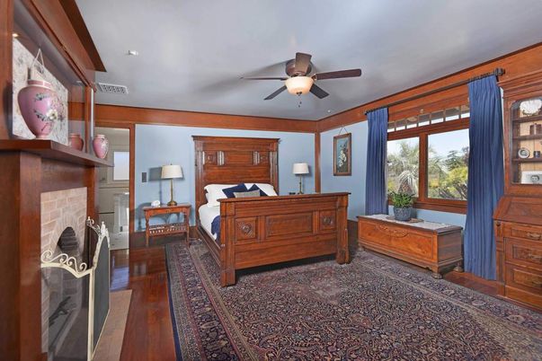 Bedroom, Fireplace, Interior, Recessed Lighting, Wood Texture Flooring
