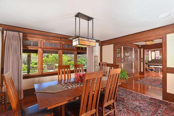 Dining room, Interior, Pendant Lights, Recessed Lighting, Wood Texture Flooring