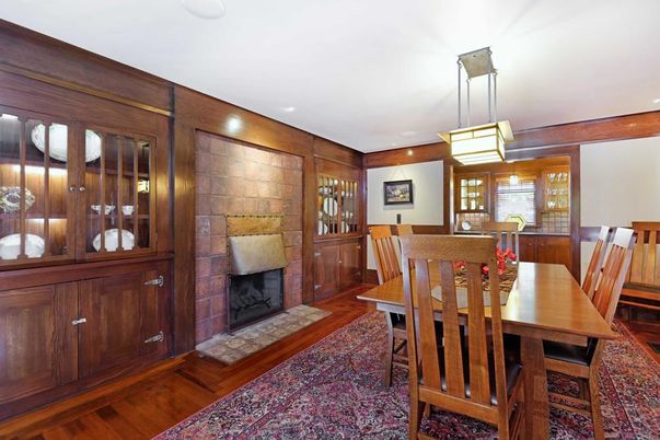 Dining room, Fireplace, Interior, Pendant Lights, Recessed Lighting, Wood Texture Flooring