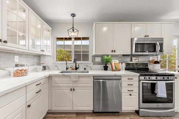 Interior, Kitchen, Pendant Lights, Stainless Steel Appliances, Wood Texture Flooring