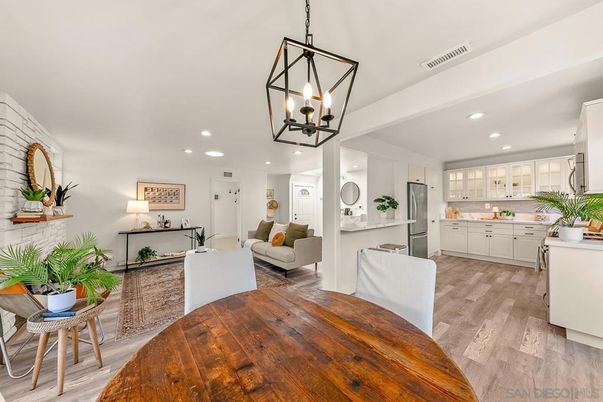 Dining room, Fireplace, Interior, Pendant Lights, Recessed Lighting, Stone Walls, Wood Texture Flooring