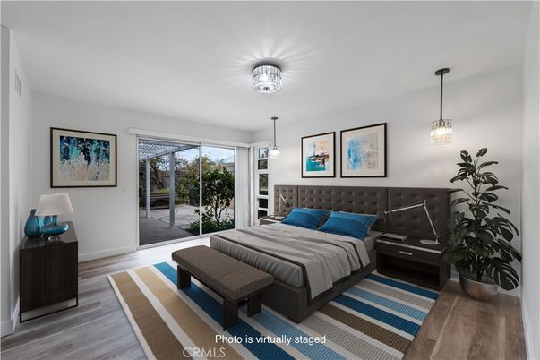 Bedroom, Interior, Pendant Lights, Wood Texture Flooring