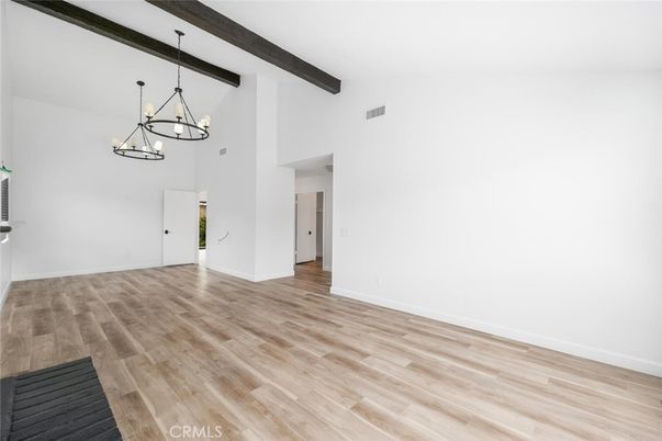 Chandelier, Empty room, Interior, Pendant Lights, Wooden Beams, Wood Texture Flooring