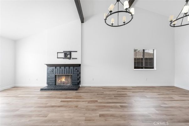 Empty room, Fireplace, Interior, Pendant Lights, Wooden Beams, Wood Texture Flooring