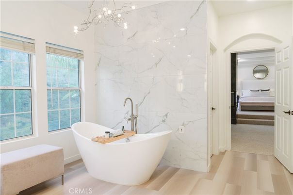 Bathroom, Bedroom, Free Standing Baths, Interior, Marble Walls, Wood Texture Flooring
