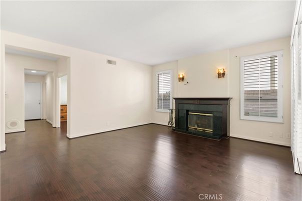 Empty room, Fireplace, Interior, Recessed Lighting, Wood Texture Flooring