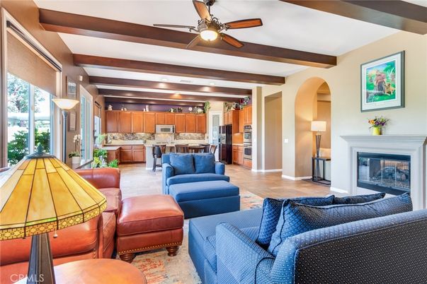 Fireplace, Interior, Kitchen, Living room, Recessed Lighting, Stainless Steel Appliances, Wooden Beams
