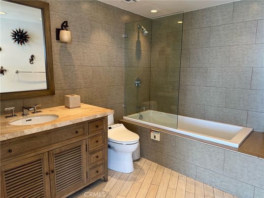 Bathroom, Glass Shower, Interior, Recessed Lighting, Wood Texture Flooring