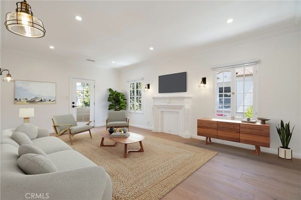 Fireplace, Interior, Living room, Recessed Lighting, Wood Texture Flooring