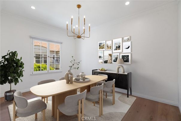 Chandelier, Dining room, Interior, Recessed Lighting, Wood Texture Flooring