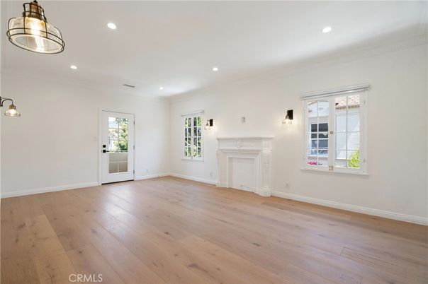 Empty room, Fireplace, Interior, Recessed Lighting, Wood Texture Flooring