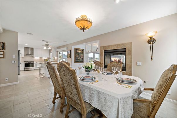Dining room, Fireplace, Interior, Kitchen, Recessed Lighting, Stainless Steel Appliances
