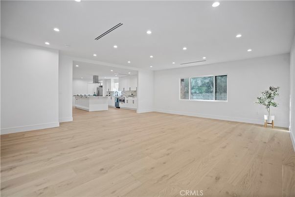 Empty room, Interior, Kitchen, Recessed Lighting, Wood Texture Flooring