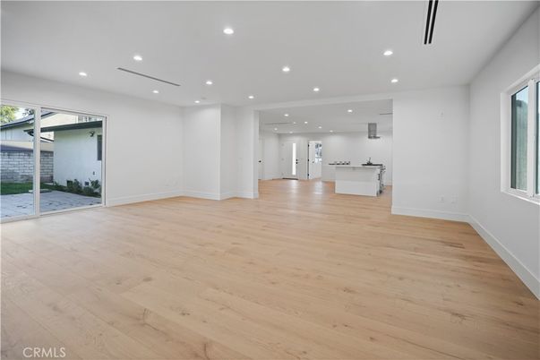 Empty room, Interior, Kitchen, Recessed Lighting, Wood Texture Flooring