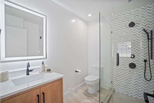 Bathroom, Glass Shower, Interior, Recessed Lighting, Wood Texture Flooring