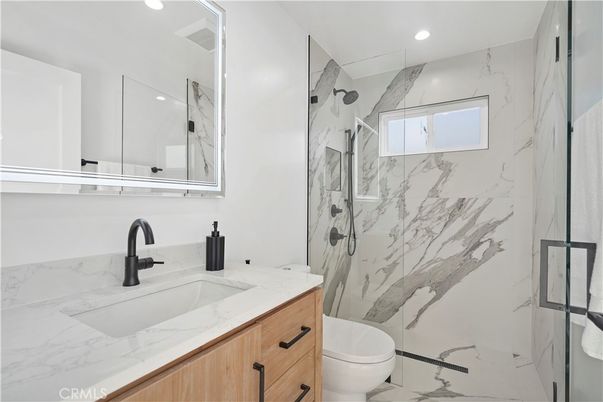 Bathroom, Glass Shower, Interior, Marble Walls, Recessed Lighting