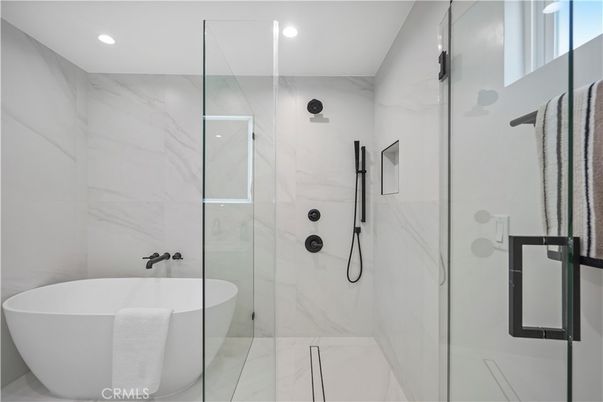 Bathroom, Free Standing Baths, Glass Shower, Interior, Marble Walls, Recessed Lighting