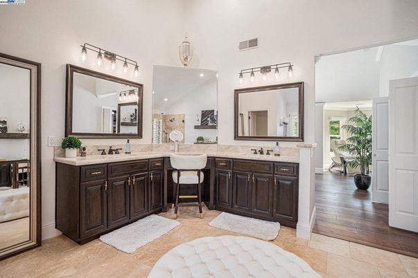 Bathroom, Dual Sink Vanities, Interior, Recessed Lighting, Wood Texture Flooring