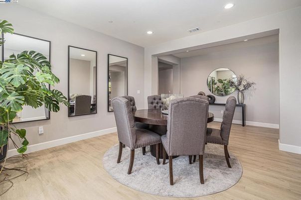 Dining room, Interior, Recessed Lighting, Wood Texture Flooring