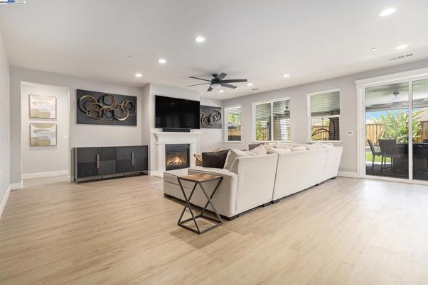 Fireplace, Interior, Living room, Recessed Lighting, Wood Texture Flooring