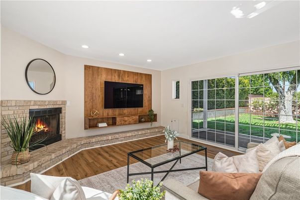 Fireplace, Interior, Living room, Recessed Lighting, Wood Texture Flooring