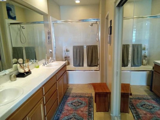 Bathroom, Dual Sink Vanities, Glass Shower, Interior, Recessed Lighting, Tile Countertops