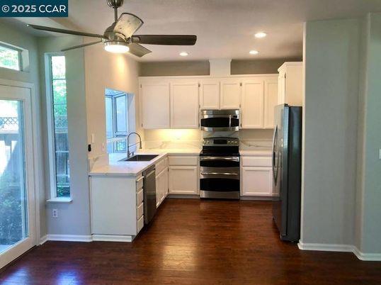 Interior, Kitchen, Recessed Lighting, Stainless Steel Appliances, Wood Texture Flooring